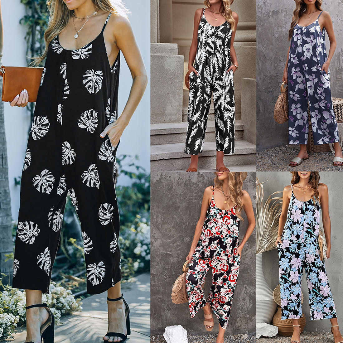 Flowers Print Suspender Jumpsuit With Pockets Spring Summer Fashion Round-neck Overalls For Womens Clothing