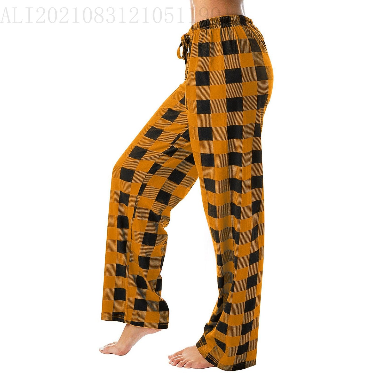 Drawstring Plaid Print Trousers Casual Loose Sports Home Pants Women