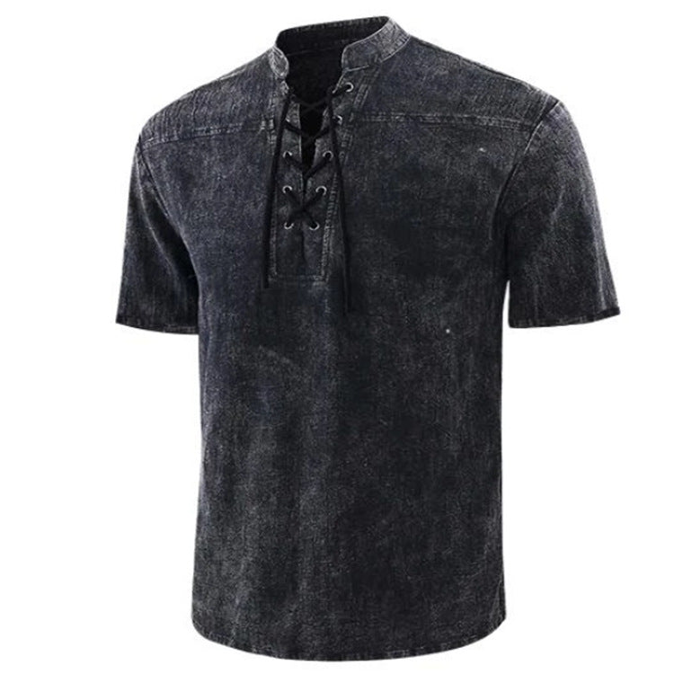 Men's Retro Shirt Tie Collar Short-sleeved Shirt Summer