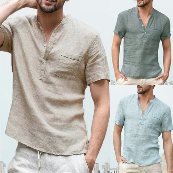 Men's Casual Linen Solid Color Shirt Button V Neck Beach Shirt Summer Tops