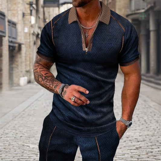 Men's Summer Fashion 3D Printed Short Sleeve Geometric Zip Lapel Shirt Set