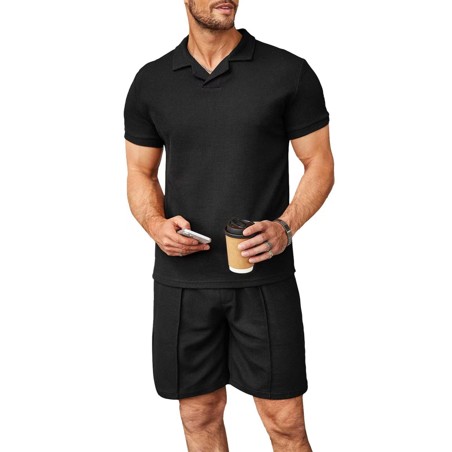 Men's 2pcs Set Polo Short Sleeve Shirt and Shorts Waffle Style