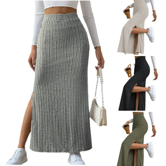 Spring Long Skirt High Waist Side Slit Slim Fit Knitted Women's Dress