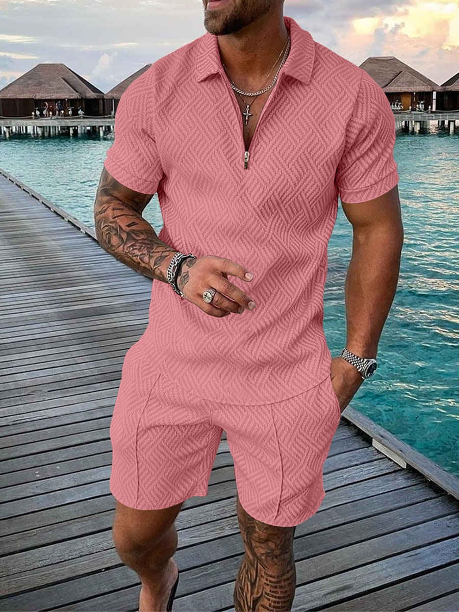 Men's Summer Fashion 3D Printed Short Sleeve Geometric Zip Lapel Shirt Set