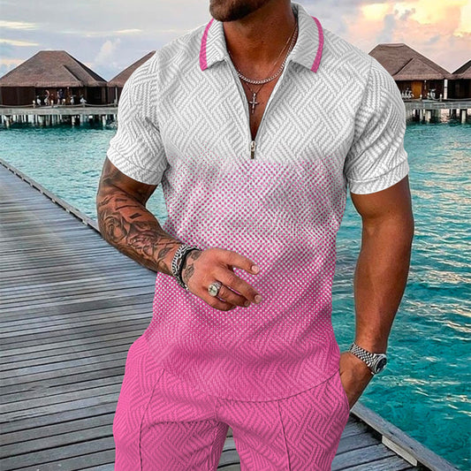 Men's Summer Fashion 3D Printed Short Sleeve Geometric Zip Lapel Shirt Set