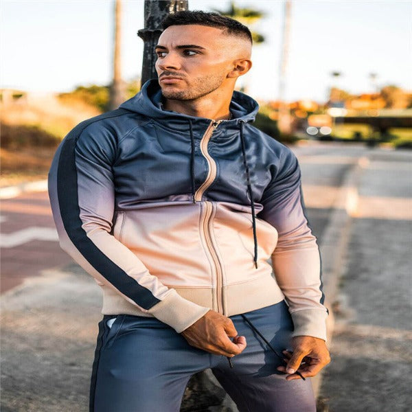 Men's Sport Cardigan Elastic Hooded Gradient Fitness Suit