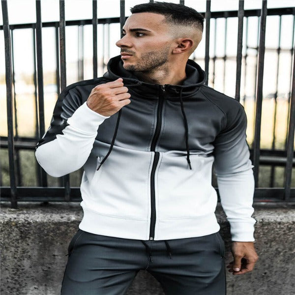 Men's Sport Cardigan Elastic Hooded Gradient Fitness Suit