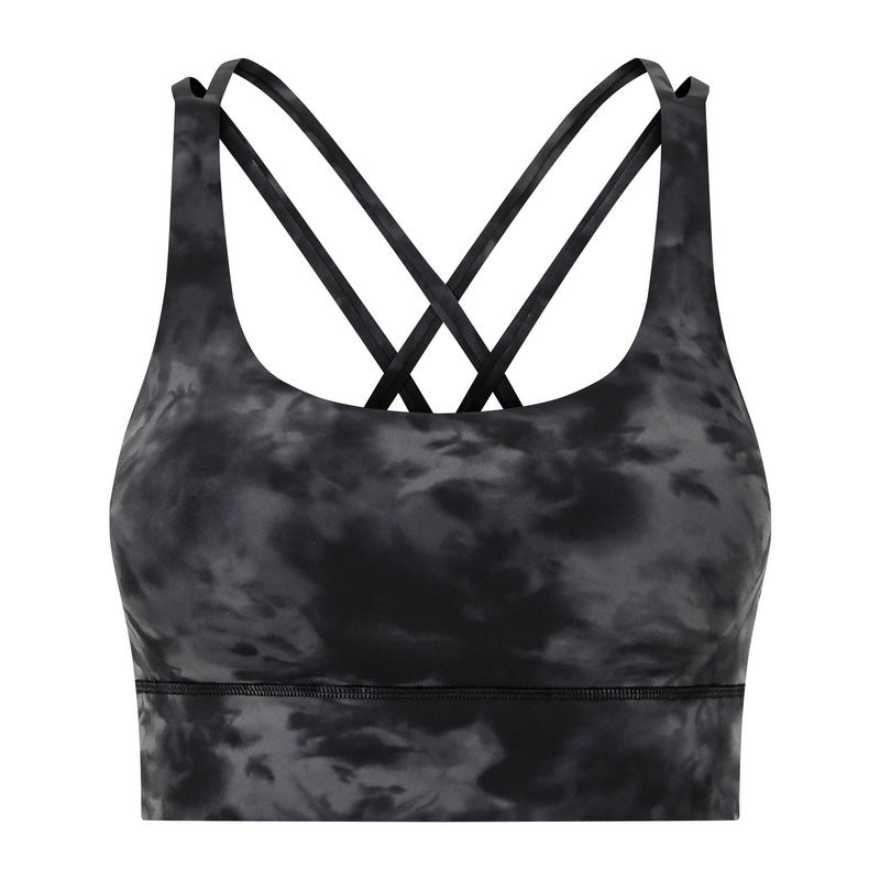 Women's tie-die cross yoga workout sport top with Shockproof Push-Up Technology