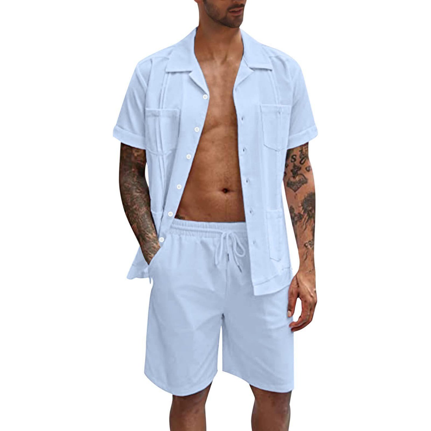 Men's Summer Sports Short Sleeve Shorts Set Linen Loose Casual Shirt Set Summer