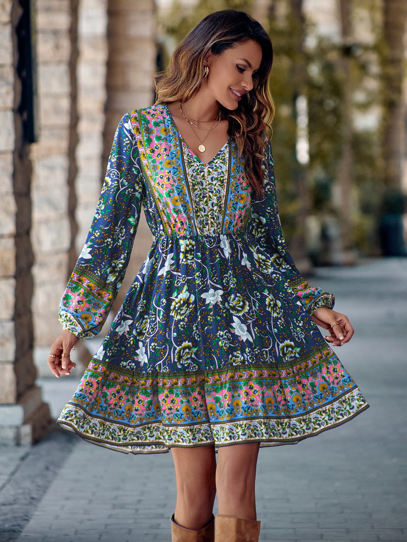 Printed V-neck Waist-controlled Long Sleeves Dress Women