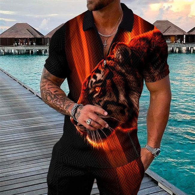 Men's Summer Fashion 3D Printed Short Sleeve Geometric Zip Lapel Shirt Set