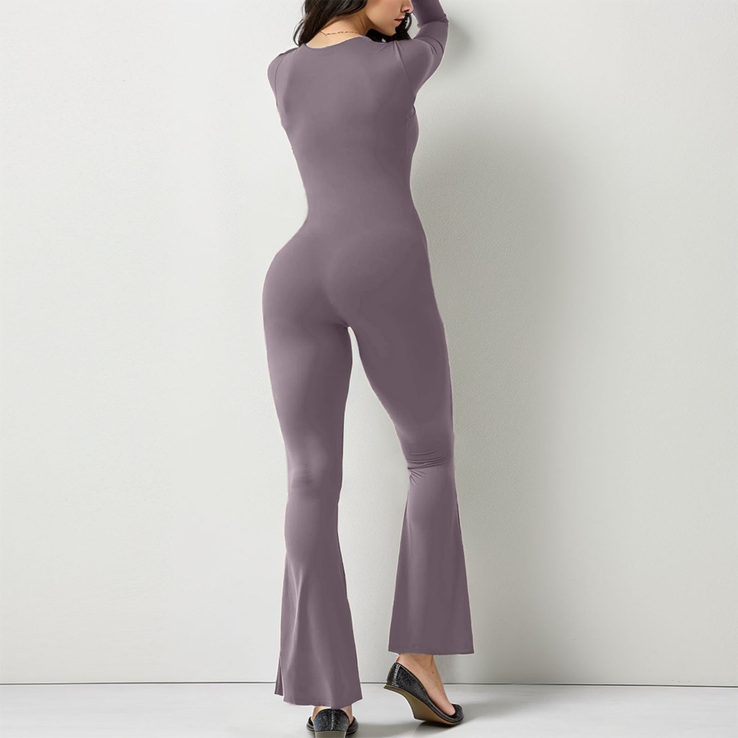 Women Long Sleeve Belly Waist Shaping And Hip Lift Square Collar Wide Leg High Elastic Jumpsuit