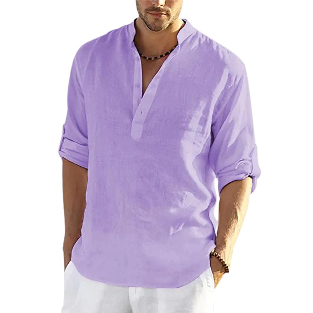 Men's Casual Cotton Long Sleeve Shirt With Stand Collar