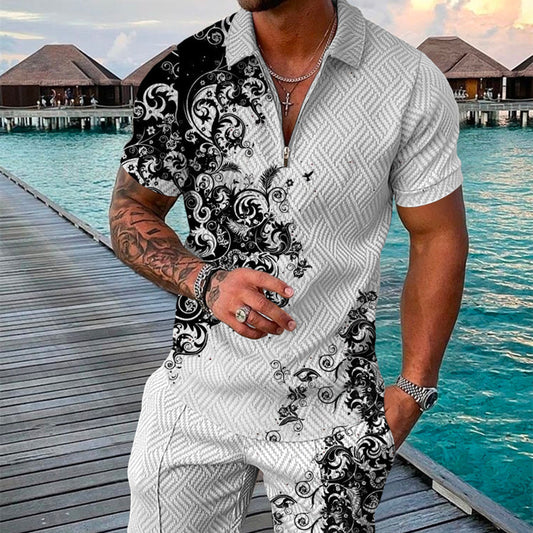 Men's Summer Fashion 3D Printed Short Sleeve Geometric Zip Lapel Shirt Set