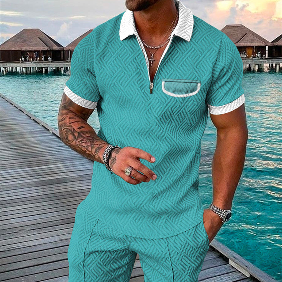 Men's Summer Fashion 3D Printed Short Sleeve Geometric Zip Lapel Shirt Set