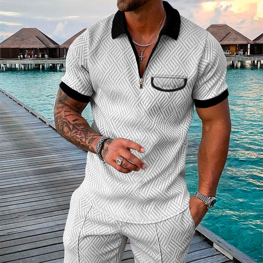 Men's Summer Fashion 3D Printed Short Sleeve Geometric Zip Lapel Shirt Set