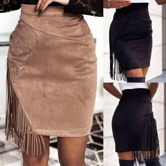 Women's Fringed Skirt Sexy Irregular High Waist Hip-Hugging Skirt Fashion Suede Short Dress