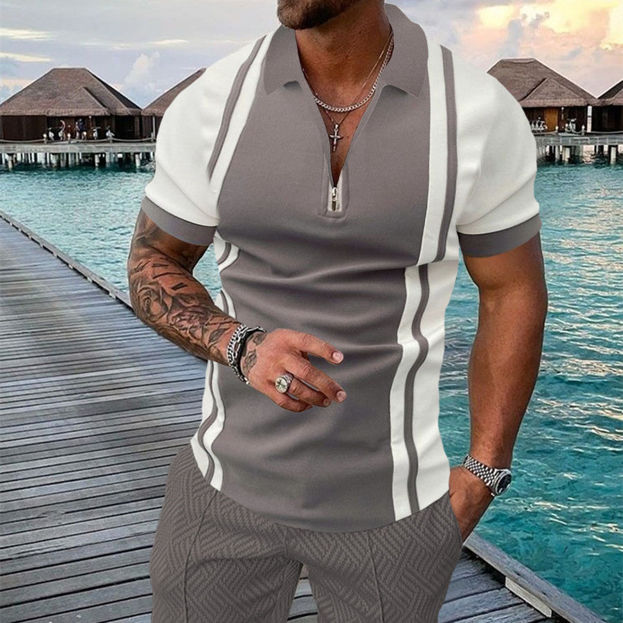 Men's Summer Fashion 3D Printed Short Sleeve Geometric Zip Lapel Shirt Set