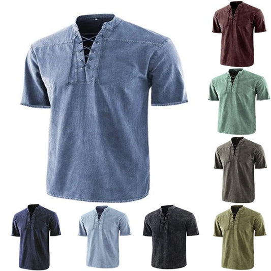 Men's Retro Shirt Tie Collar Short-sleeved Shirt Summer