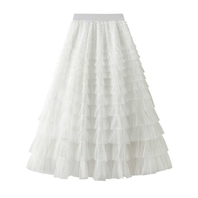 A-Line Mesh Ruffle Skirt Women's Temperament Sweet Long Skirt Slim Cupcake Dress Womens Clothing