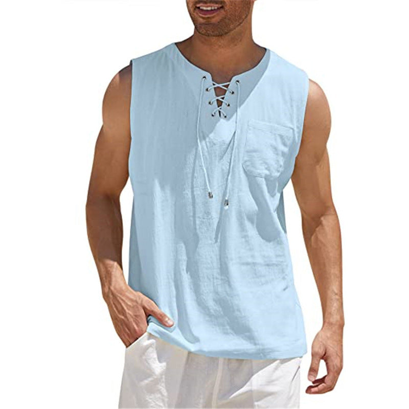 Men's Summer Tank Vest Shirt Collar Tie Short Sleeve T-Shirt