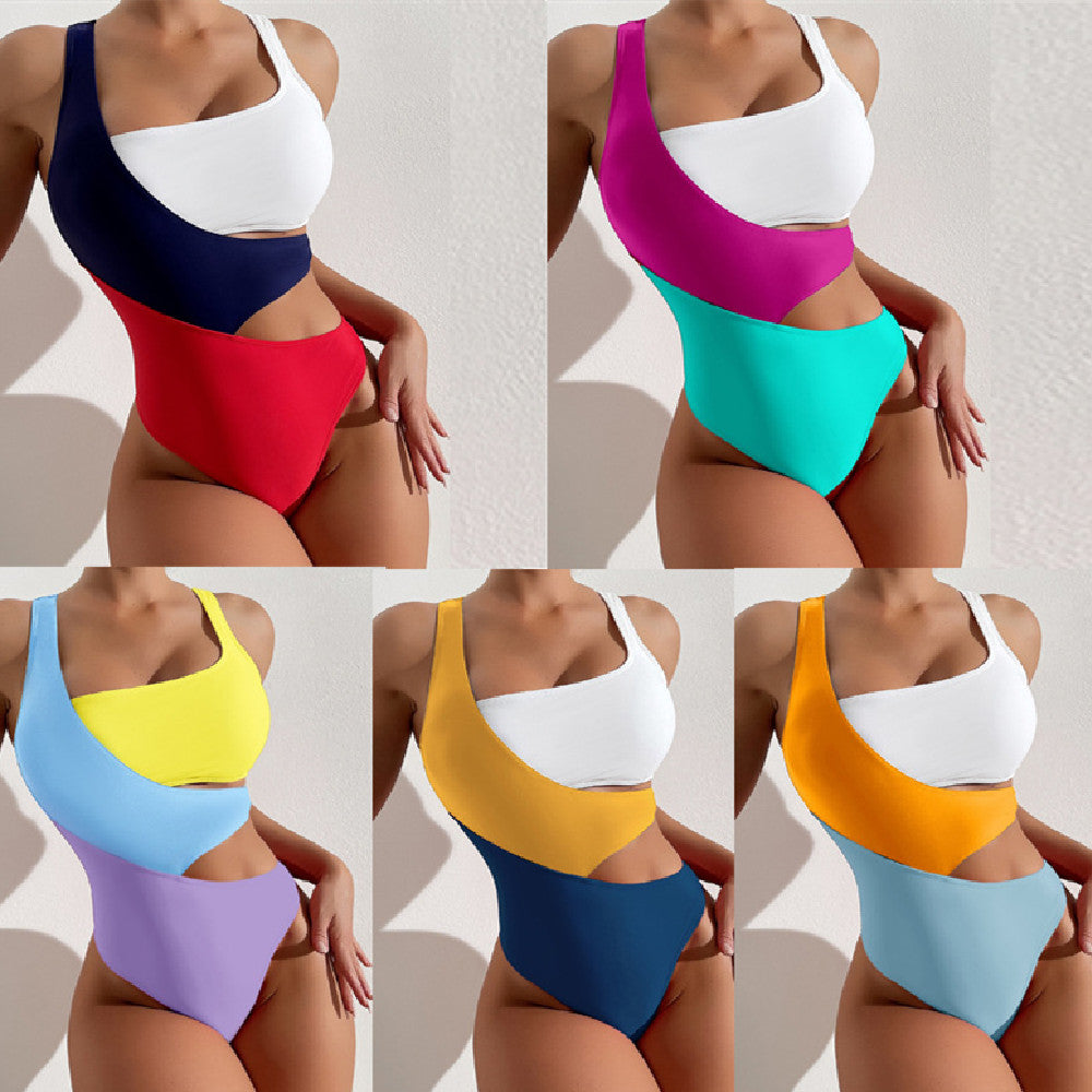 Women's Fashion Color Block Cut-out One Piece Shaping Swimsuit