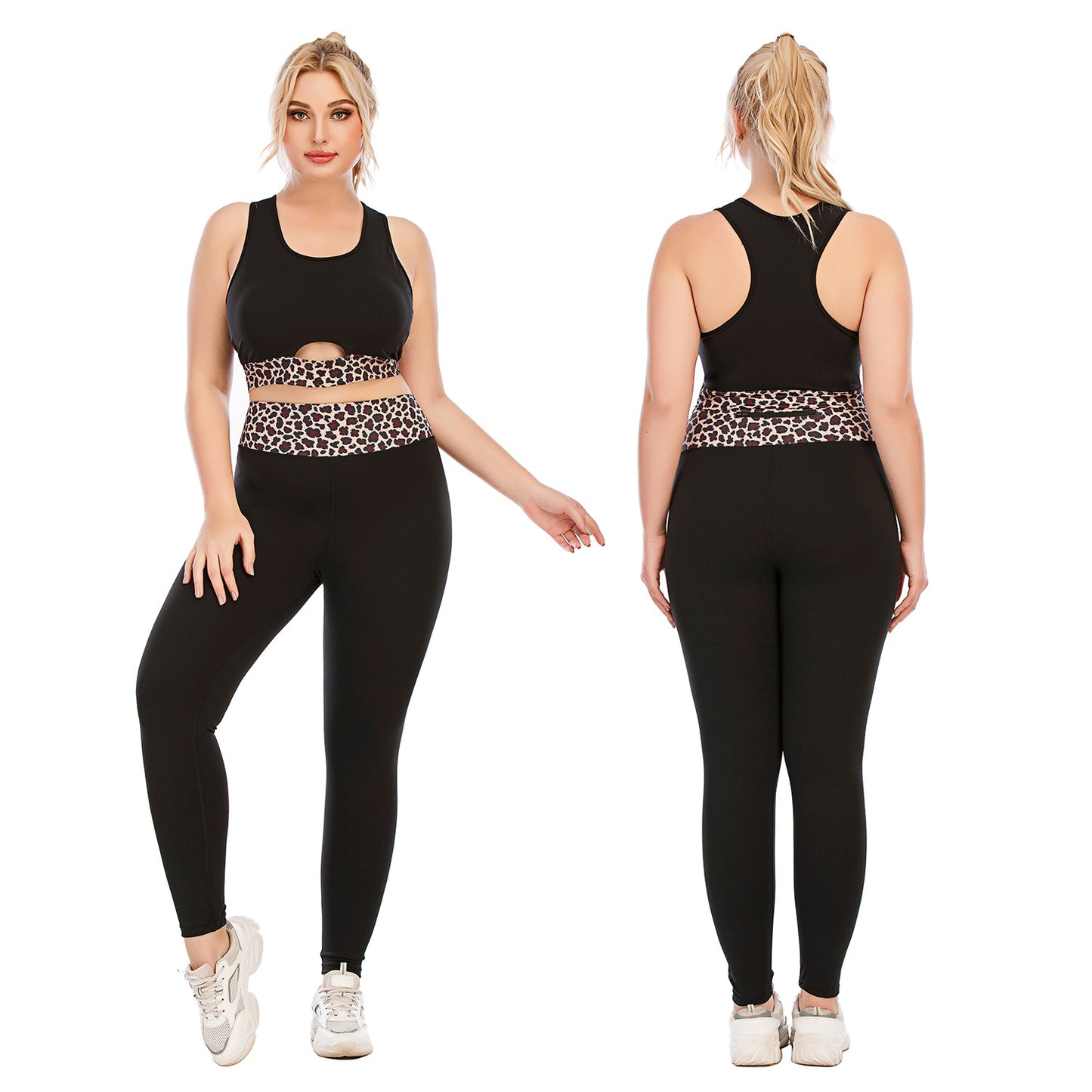 Women's Plus Size Yoga Sports Set With Matching Leopard Pattern Sports Top