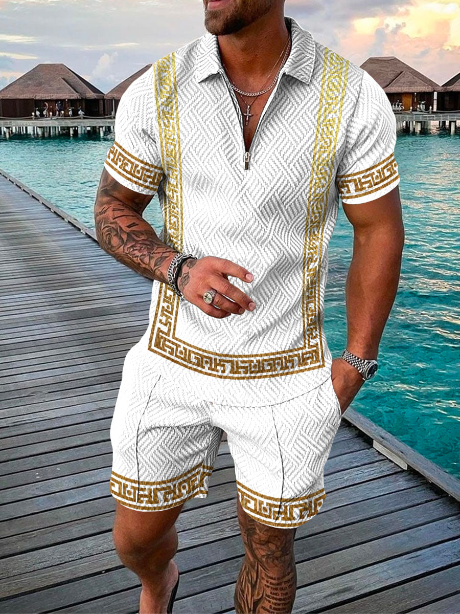 Men's Summer Fashion 3D Printed Short Sleeve Geometric Zip Lapel Shirt Set