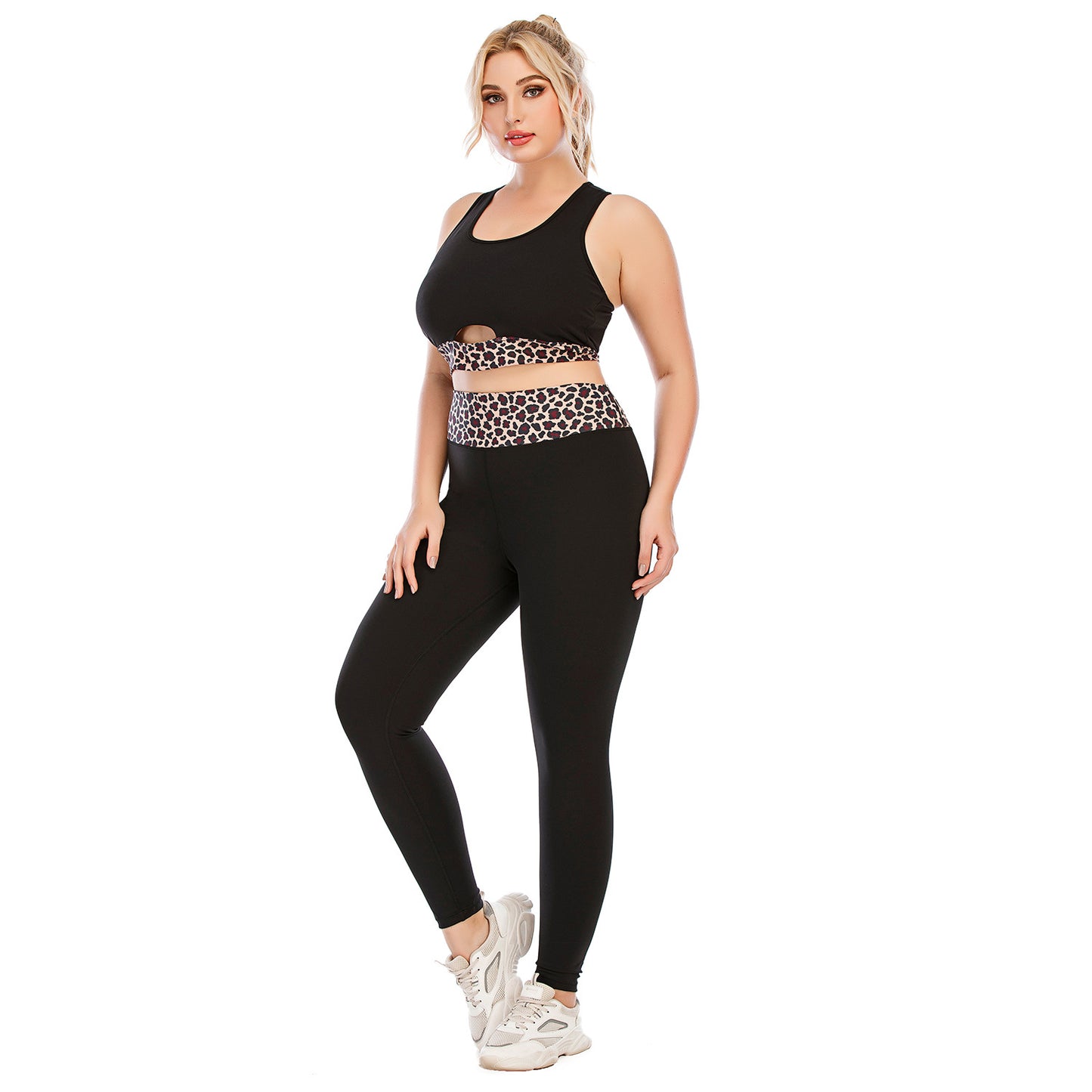 Women's Plus Size Yoga Sports Set With Matching Leopard Pattern Sports Top