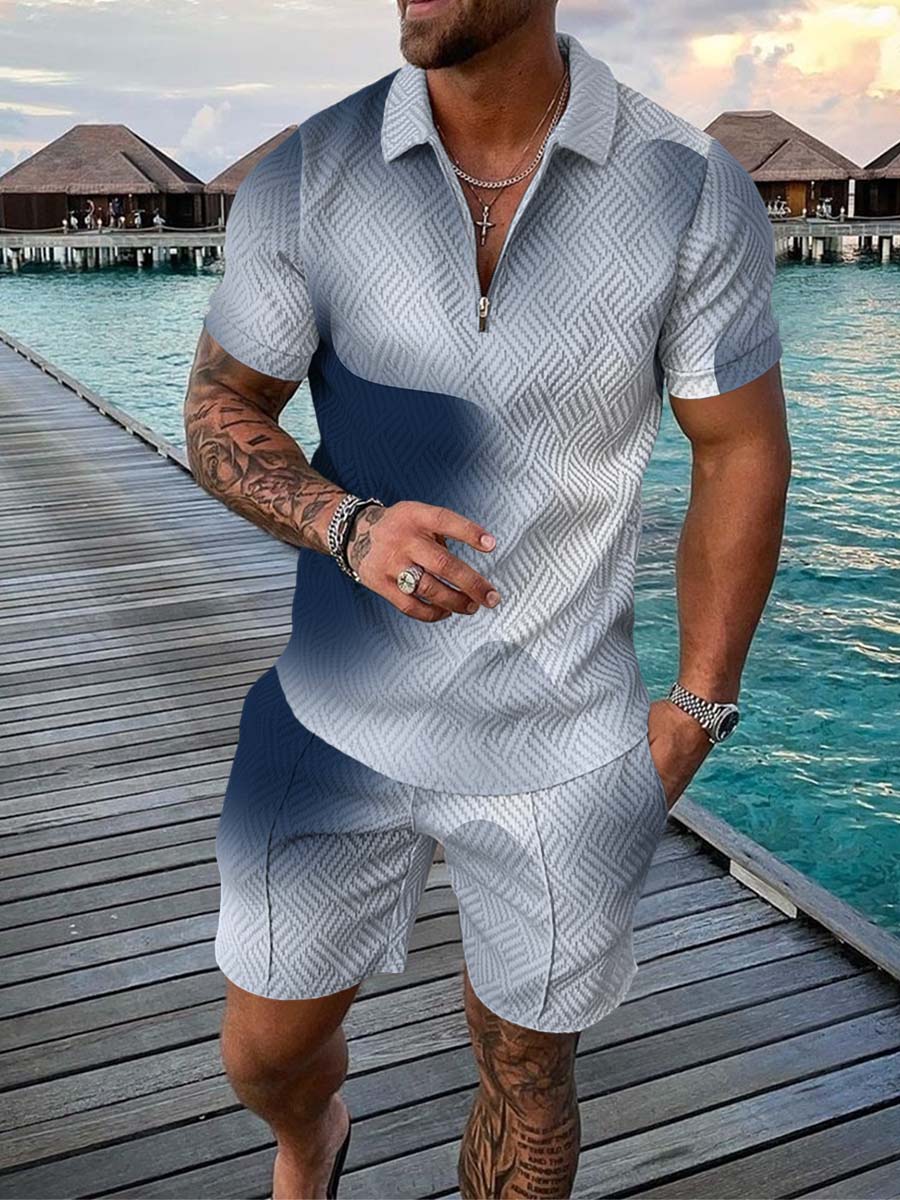 Men's Summer Fashion 3D Printed Short Sleeve Geometric Zip Lapel Shirt Set