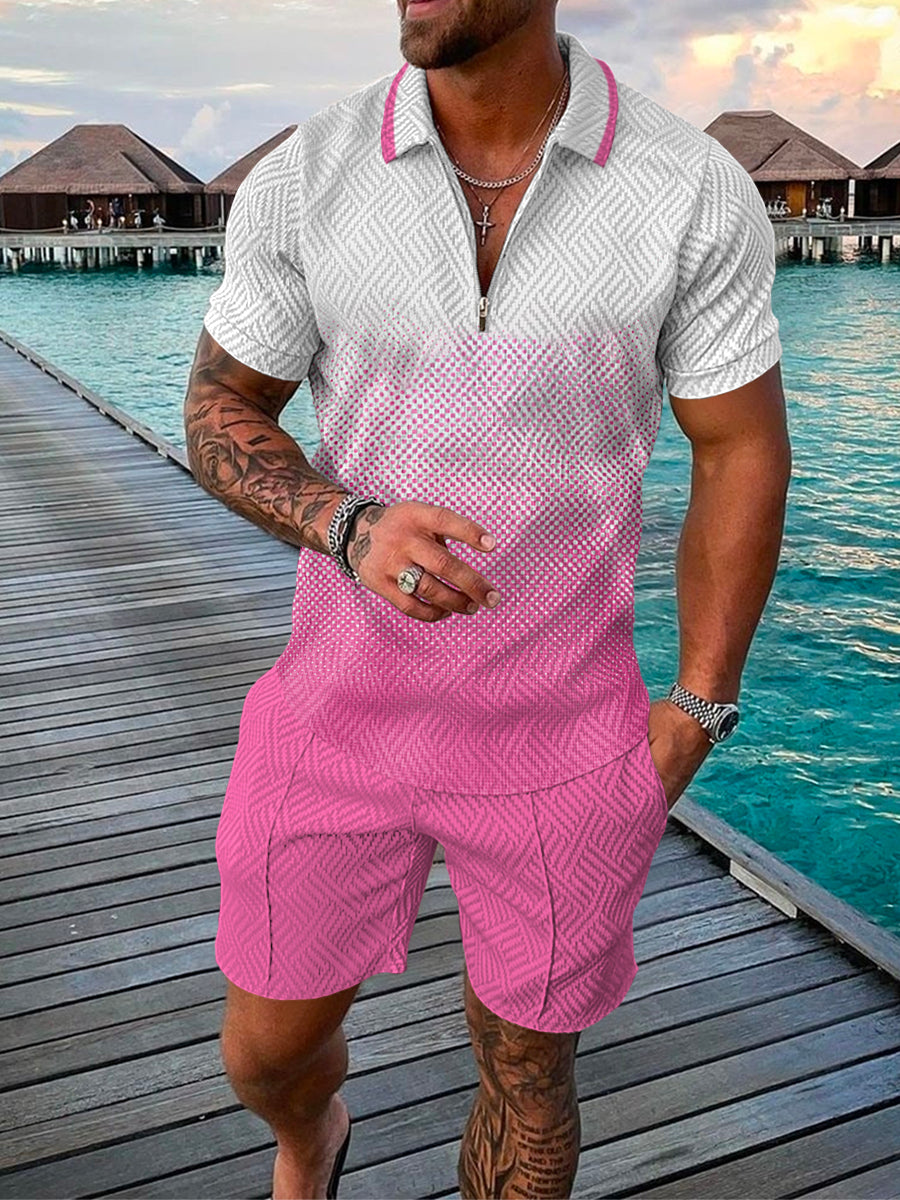 Men's Summer Fashion 3D Printed Short Sleeve Geometric Zip Lapel Shirt Set