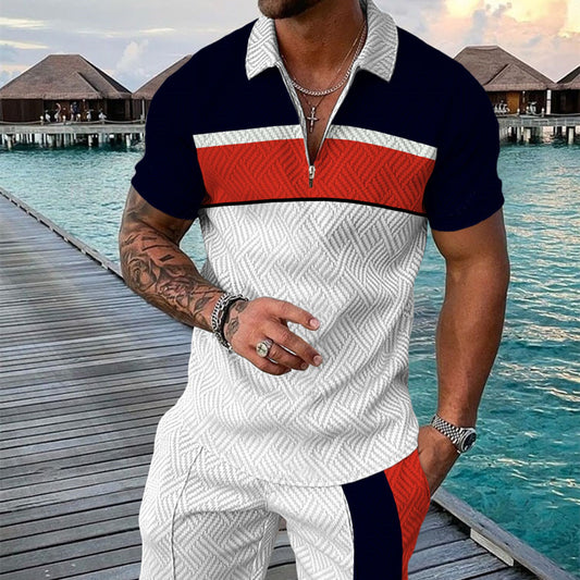 Men's Summer Fashion 3D Printed Short Sleeve Geometric Zip Lapel Shirt Set