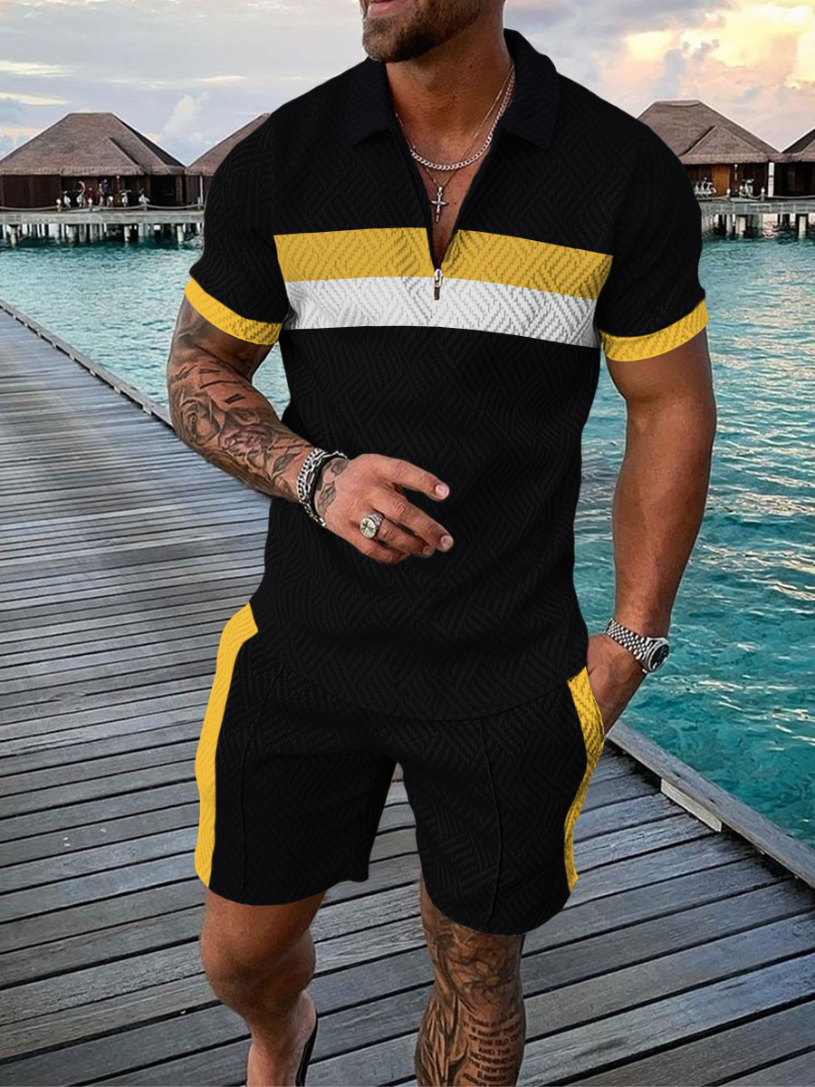 Men's Summer Fashion 3D Printed Short Sleeve Geometric Zip Lapel Shirt Set