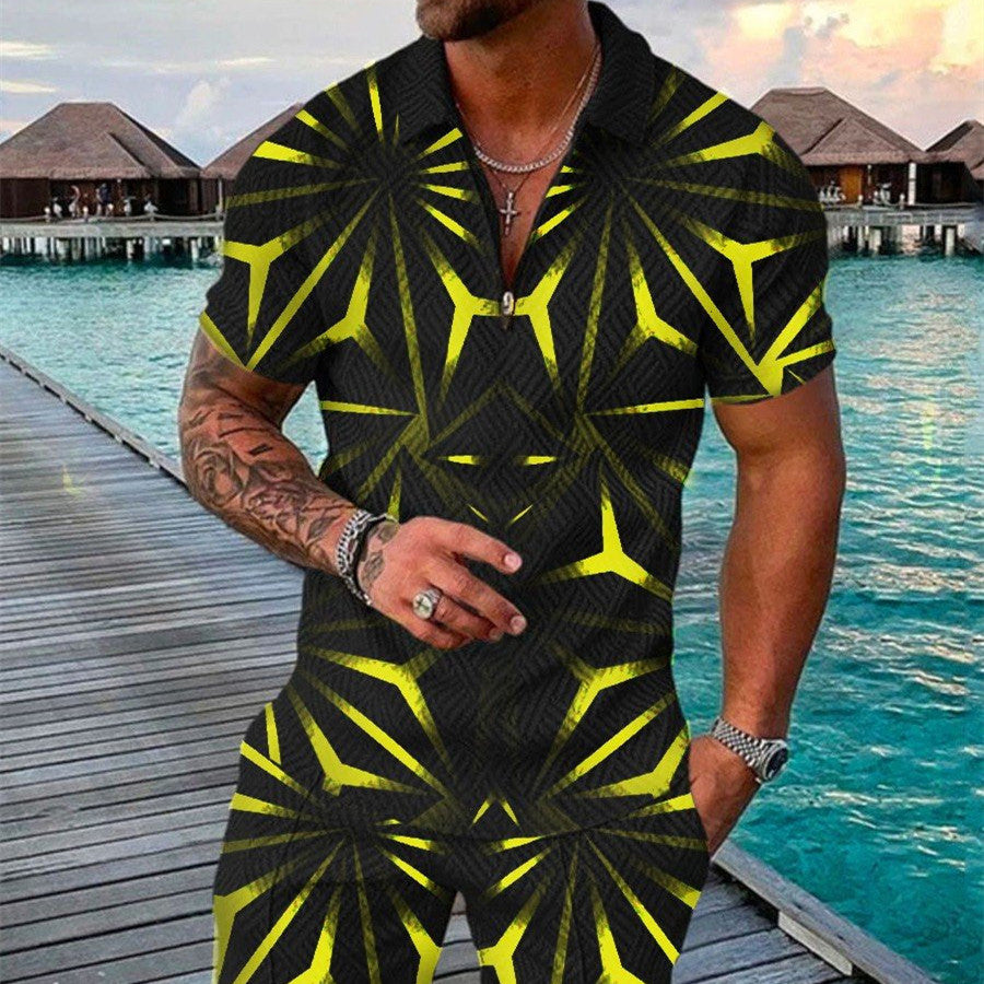 Men's Summer Fashion 3D Printed Short Sleeve Geometric Zip Lapel Shirt Set