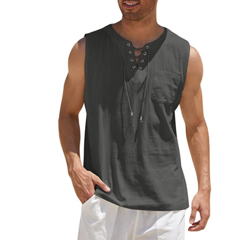 Men's Summer Tank Vest Shirt Collar Tie Short Sleeve T-Shirt