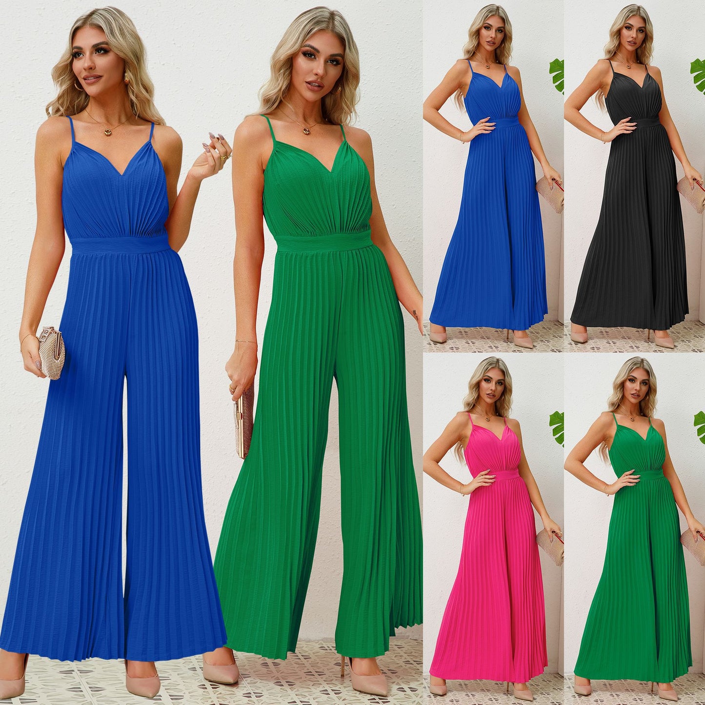 V-neck Suspender Pleated Jumpsuit Solid Color Loose Straight Pants Womens Clothing