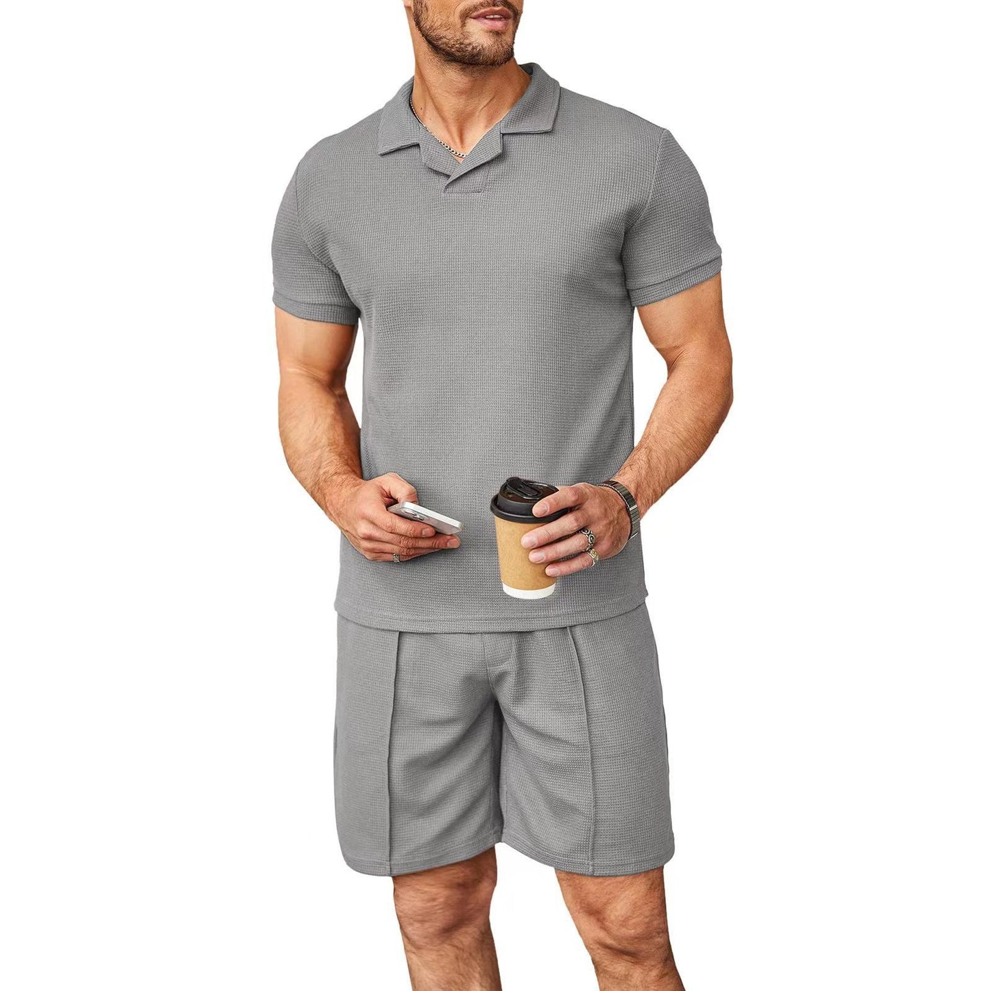 Men's 2pcs Set Polo Short Sleeve Shirt and Shorts Waffle Style