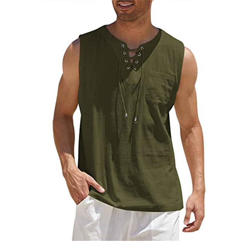 Men's Summer Tank Vest Shirt Collar Tie Short Sleeve T-Shirt