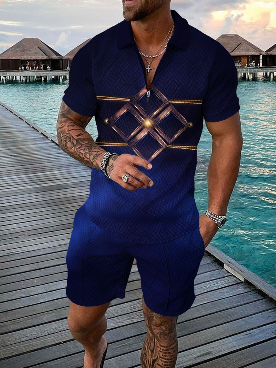 Men's Summer Fashion 3D Printed Short Sleeve Geometric Zip Lapel Shirt Set