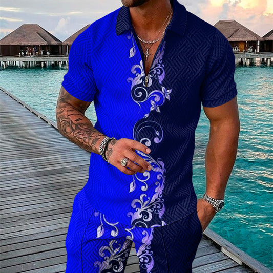 Men's Summer Fashion 3D Printed Short Sleeve Geometric Zip Lapel Shirt Set