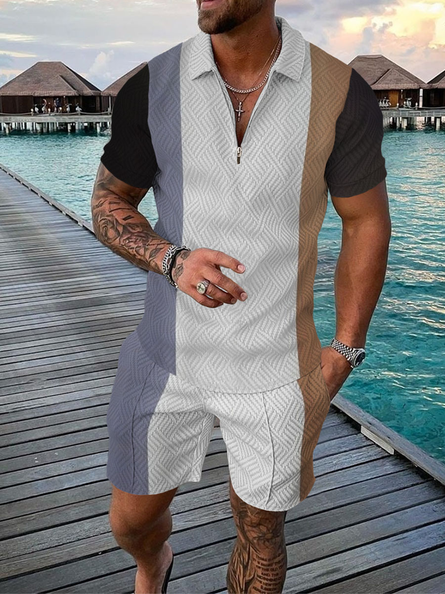 Men's Summer Fashion 3D Printed Short Sleeve Geometric Zip Lapel Shirt Set