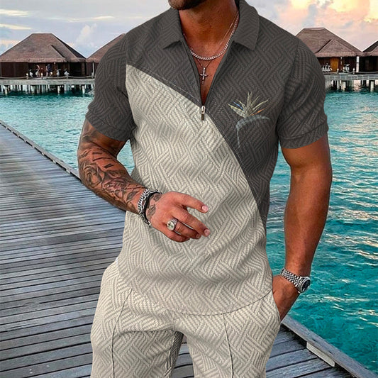 Men's Summer Fashion 3D Printed Short Sleeve Geometric Zip Lapel Shirt Set