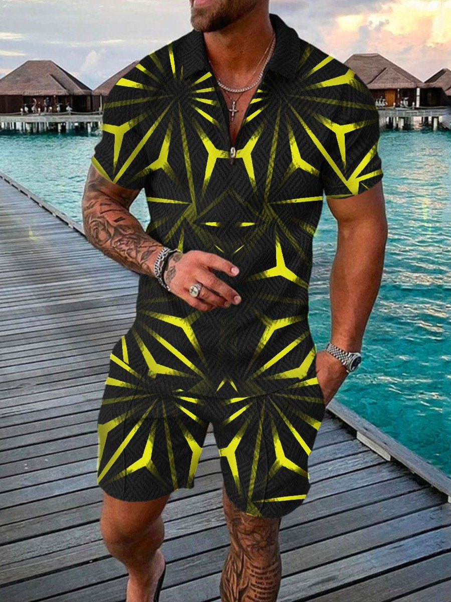 Men's Summer Fashion 3D Printed Short Sleeve Geometric Zip Lapel Shirt Set