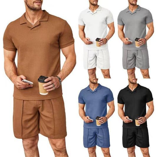 Men's 2pcs Set Polo Short Sleeve Shirt and Shorts Waffle Style