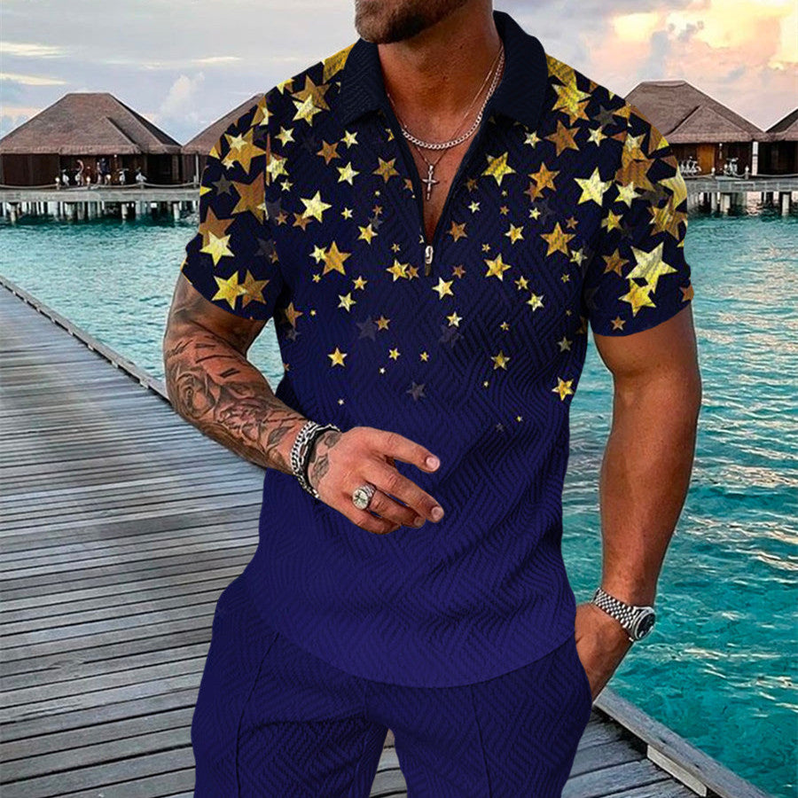 Men's Summer Fashion 3D Printed Short Sleeve Geometric Zip Lapel Shirt Set