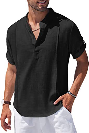 Men's Henley Style Linen Short Sleeve Summer Beach Shirt