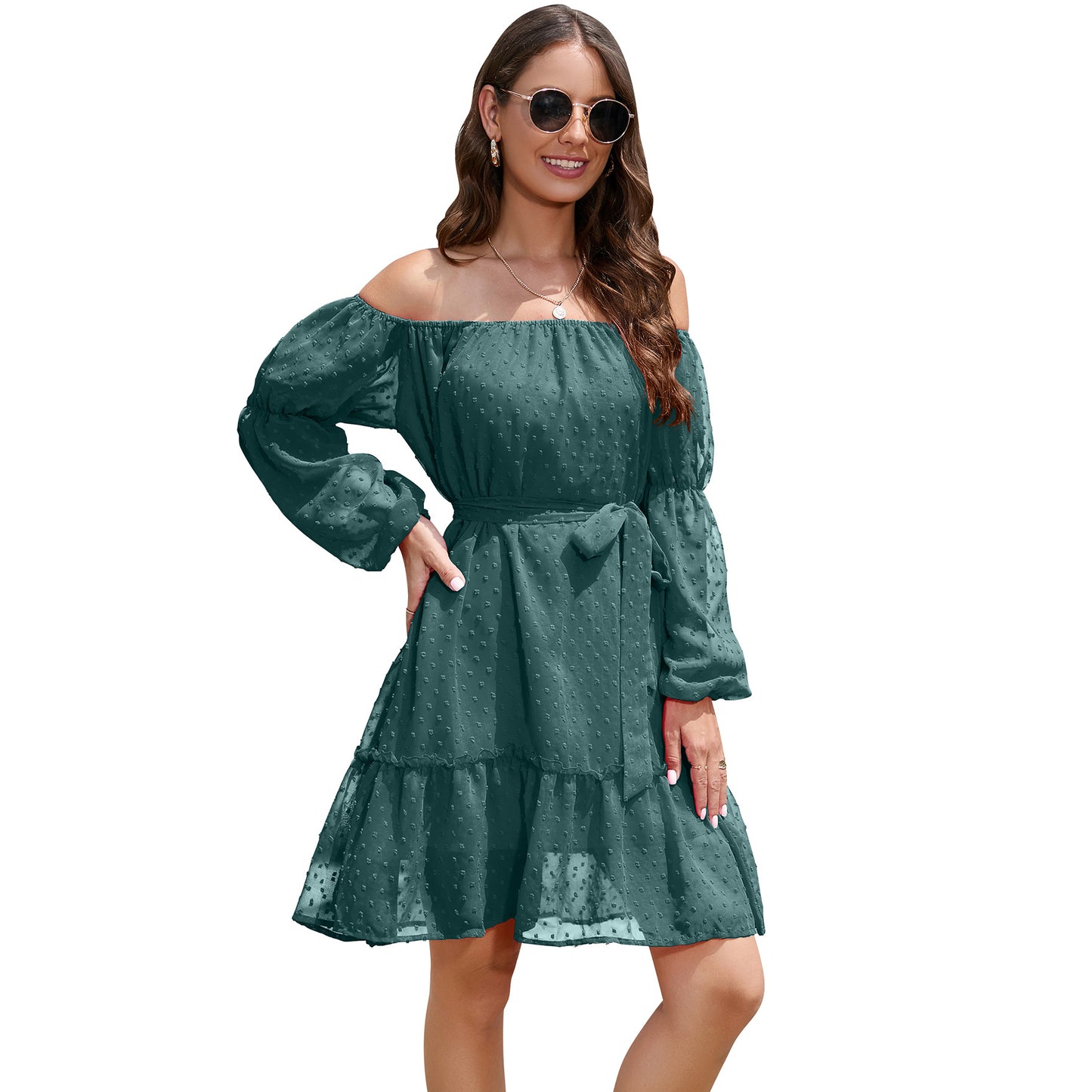 Fashion One-shoulder Long Sleeve Dress For Women Tie Waist Off-shoulder Bubble Dot Ruffle Design Chiffon Dress