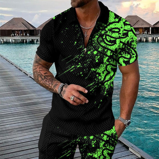 Men's Summer Fashion 3D Printed Short Sleeve Geometric Zip Lapel Shirt Set