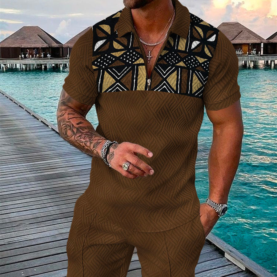 Men's Summer Fashion 3D Printed Short Sleeve Geometric Zip Lapel Shirt Set