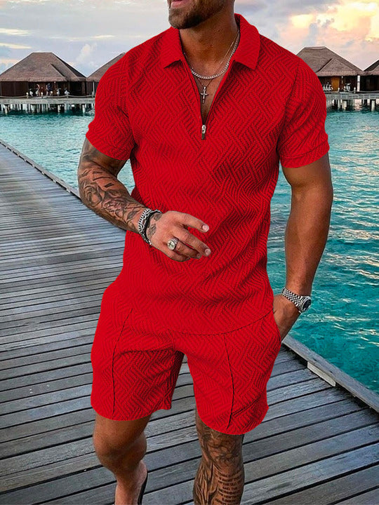 Men's Summer Fashion 3D Printed Short Sleeve Geometric Zip Lapel Shirt Set